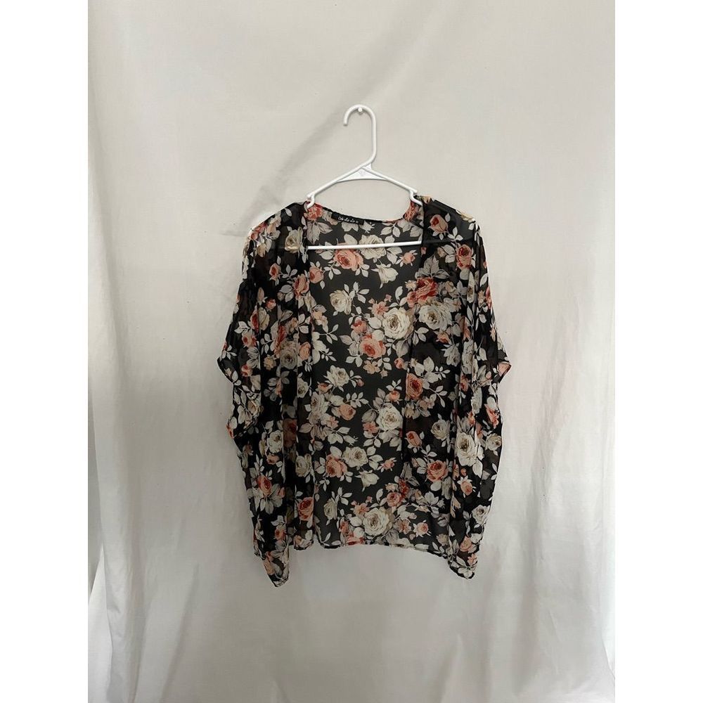 Sheer Black Floral Open Front Kimono - Picture 4 of 8